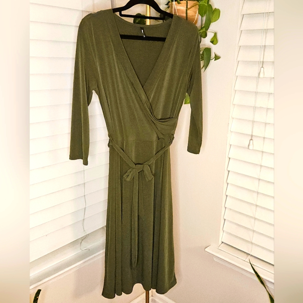 Janette Elegant Olive Green Faux Wrap Dress